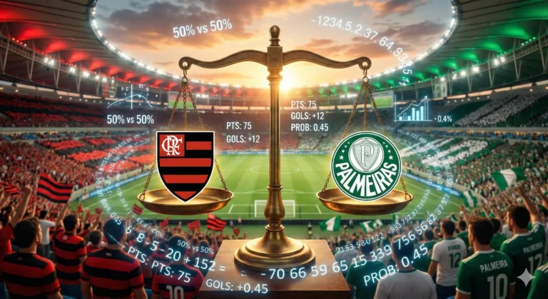 Montagem com os escudos de Flamengo e Palmeiras em uma balança, com um fundo de estádio e números flutuando, representando a disputa matemática.
