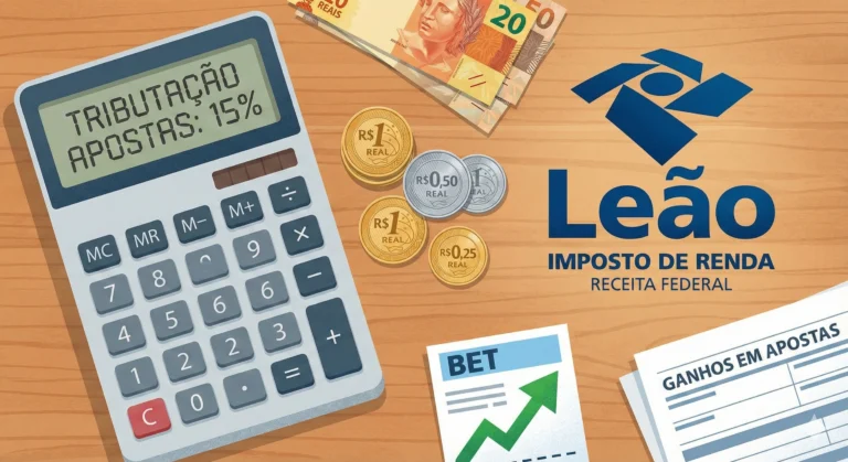 Ilustração de uma calculadora, moedas de real e o logotipo do Imposto de Renda sobre uma mesa, representando a tributação de apostas.