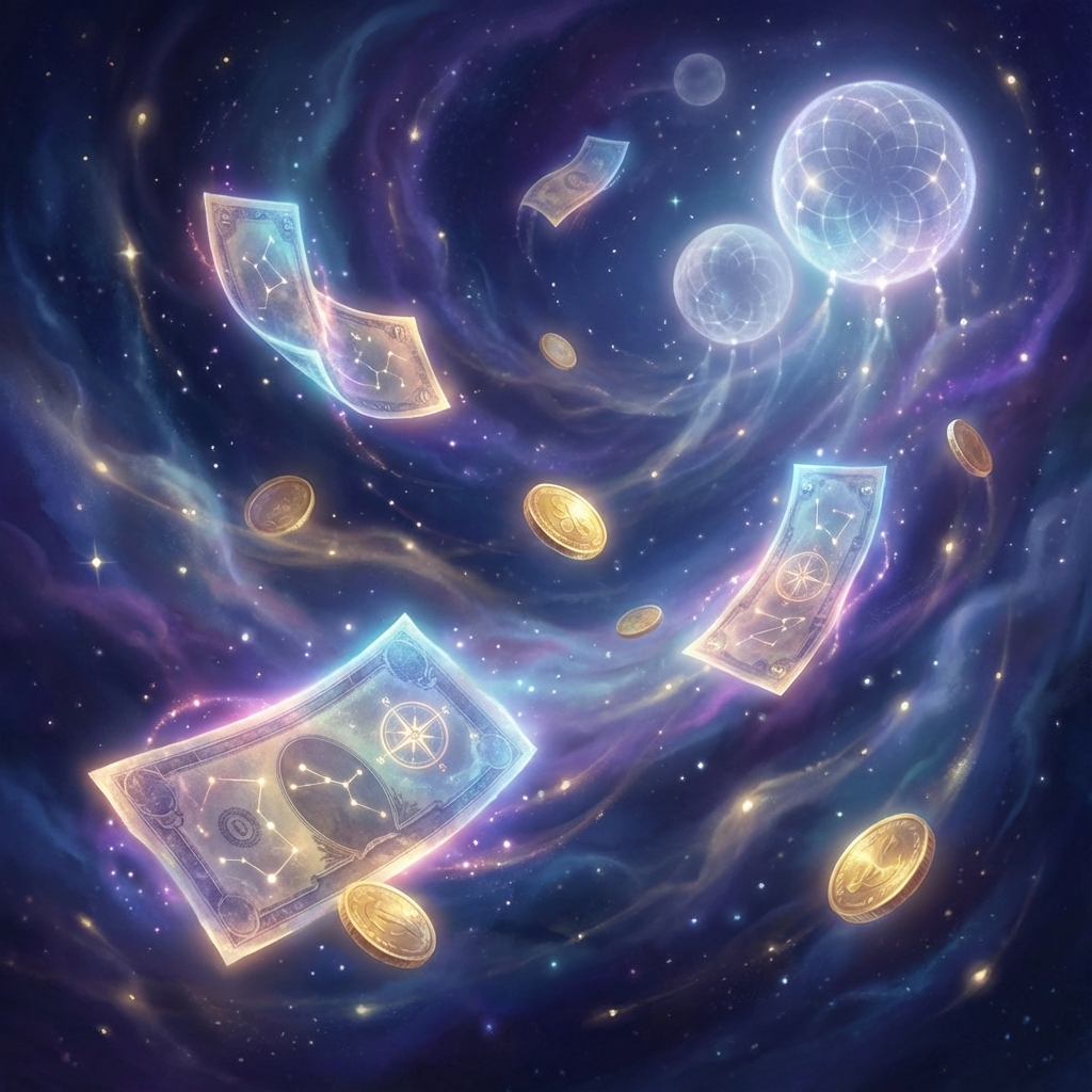Ilustração onírica com notas de dinheiro e moedas brilhantes flutuando em um céu estrelado escuro, simbolizando a interpretação de sonhar com dinheiro.