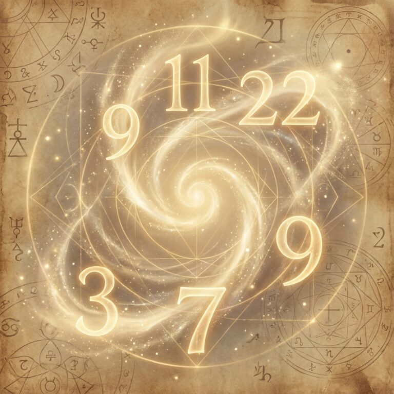 Ilustração mística representando a numerologia com números dourados flutuando sobre um fundo cósmico e geometria sagrada.