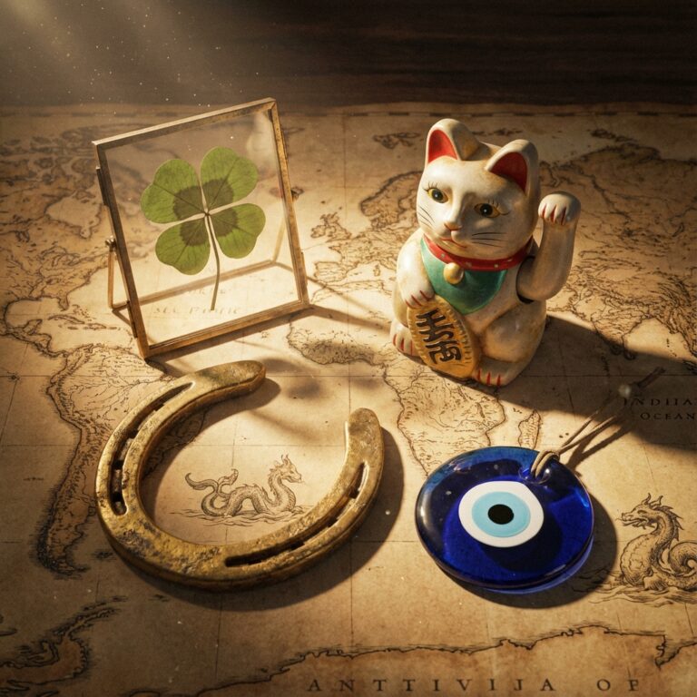 Ilustração artística reunindo símbolos de sorte globais como ferradura, trevo de quatro folhas e gato da sorte sobre um fundo de mapa mundi antigo.
