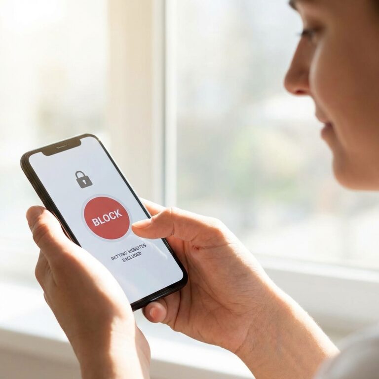 Mãos usando smartphone com botão de bloqueio vermelho na tela, bloqueando acesso a sites de apostas, representando autocontrole e determinação