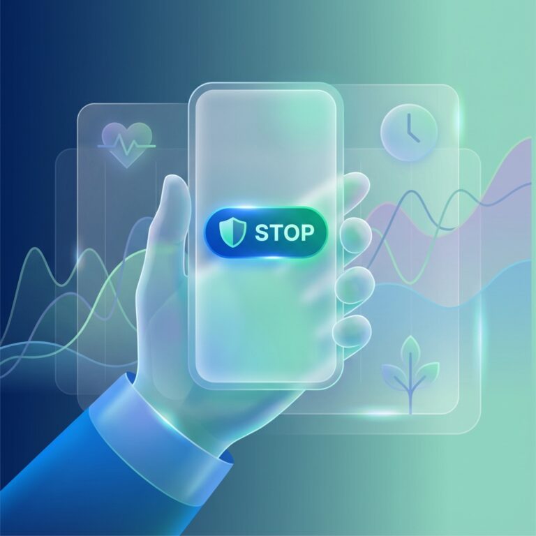Smartphone com botão Stop e escudo, representando autoexclusão de apostas.