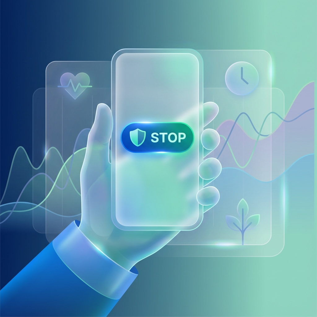 Smartphone com botão Stop e escudo, representando autoexclusão de apostas.