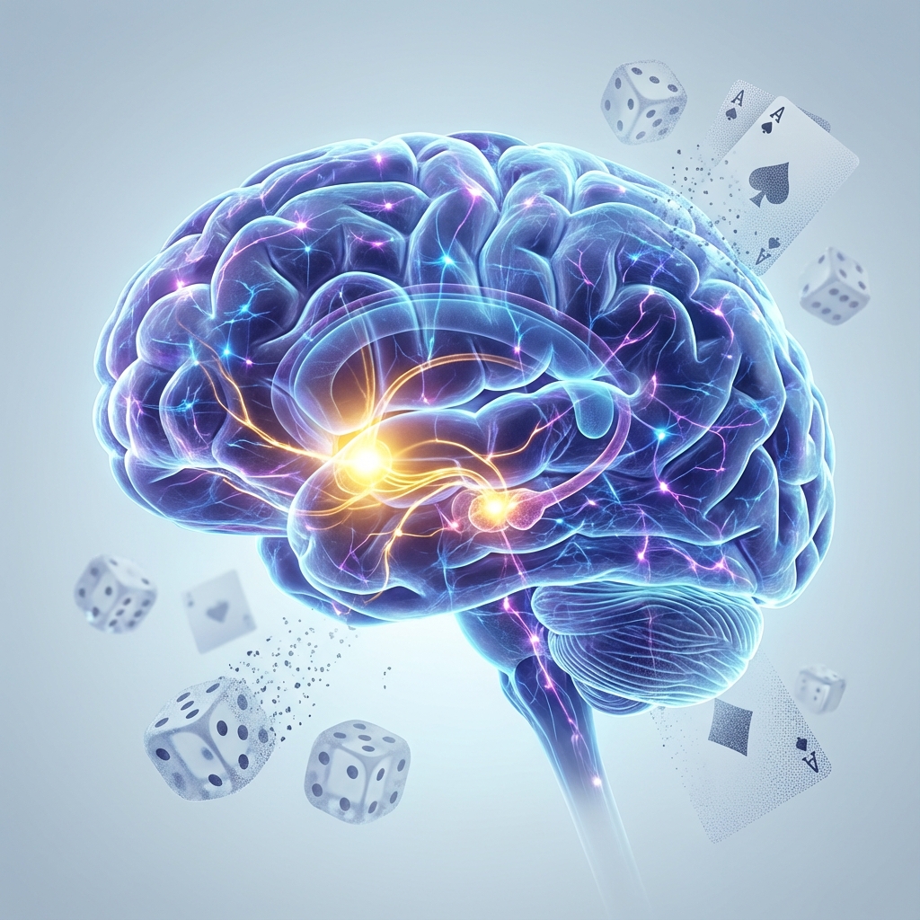 Ilustração cerebral mostrando o sistema de recompensa e dopamina relacionado ao vício.