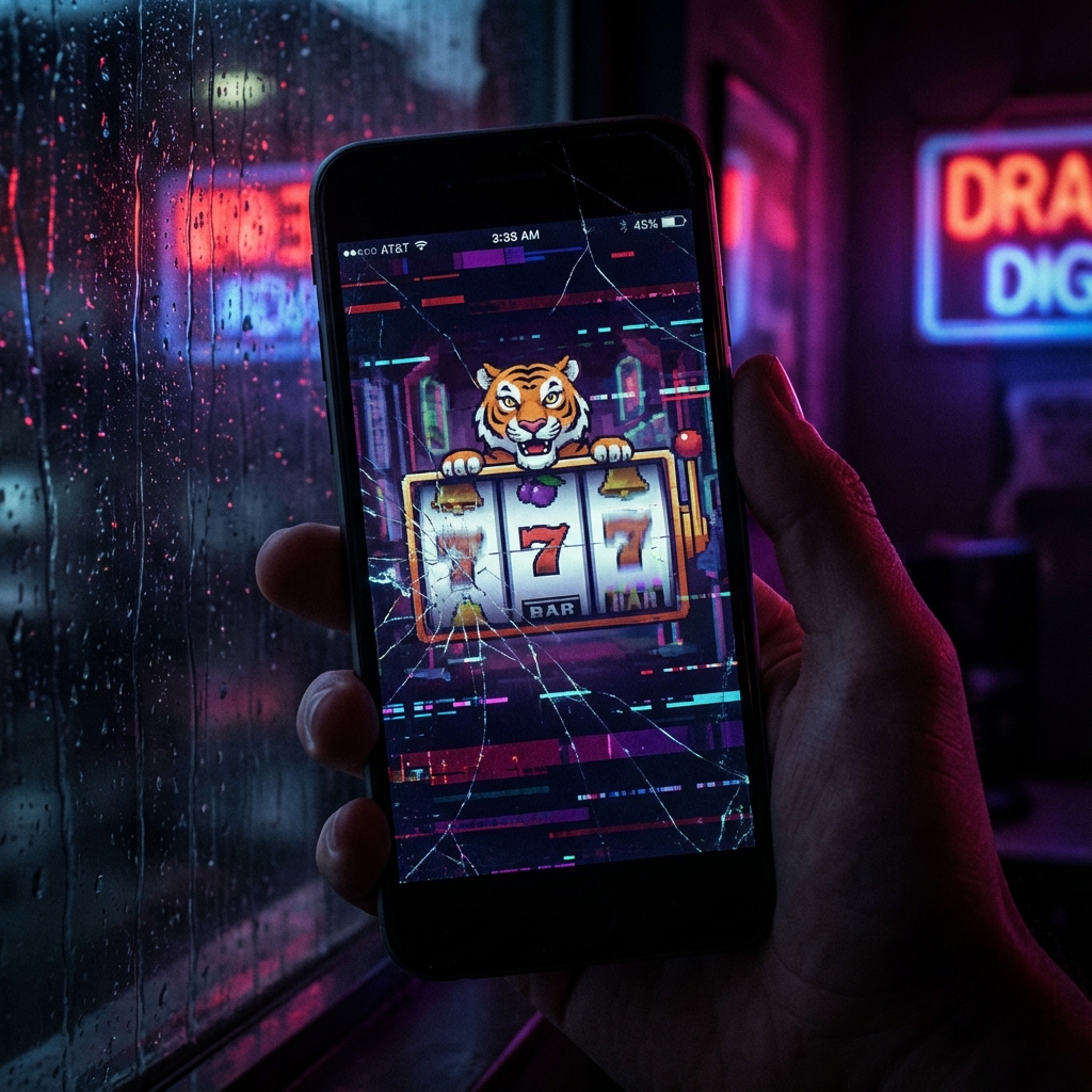 Smartphone quebrado exibindo jogo de slot tigrinho em ambiente escuro.