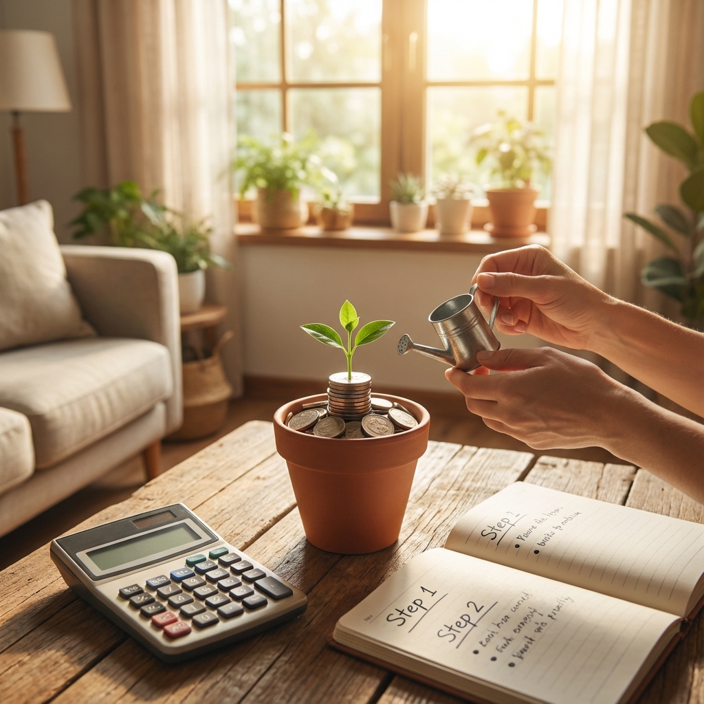 Planta crescendo em vaso com moedas, simbolizando recuperação financeira.