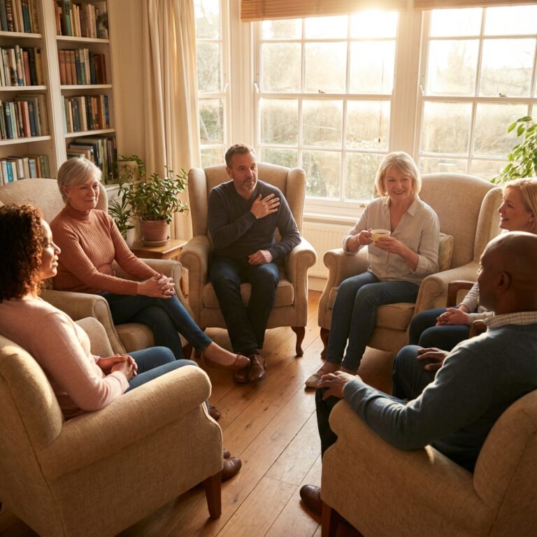 Grupo de apoio em círculo conversando em ambiente acolhedor.