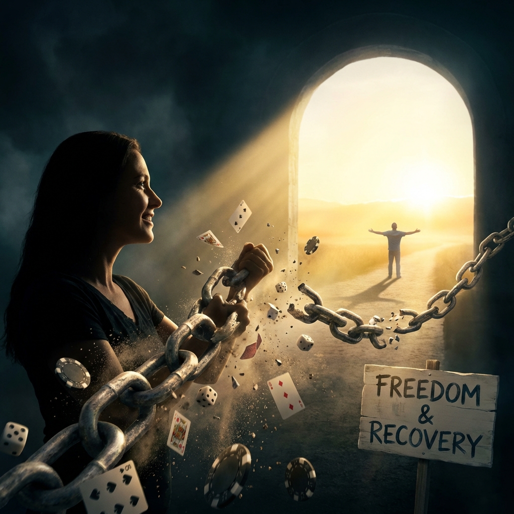 Pessoa quebrando correntes feitas de cartas de baralho e símbolos de apostas, caminhando em direção à luz representando liberdade e recuperação do vício