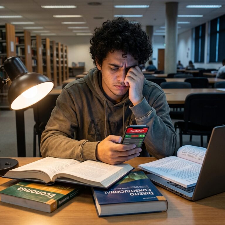 Jovem estudante universitário preocupado olhando celular com app de apostas, cercado por livros e laptop, mostrando conflito entre educação e vício em apostas