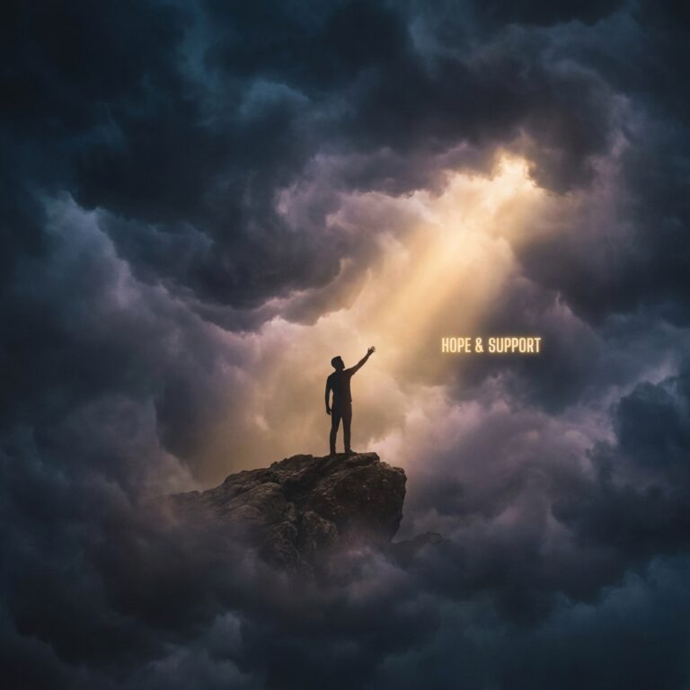 Silhueta de pessoa cercada por nuvens escuras de tempestade representando ansiedade e depressão, com mão alcançando raio de luz simbolizando esperança e apoio em saúde mental