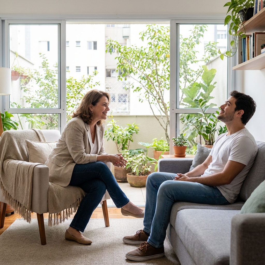 Terapeuta em consulta acolhedora com paciente em sala iluminada, representando o atendimento gratuito do SUS para tratamento de vício em apostas