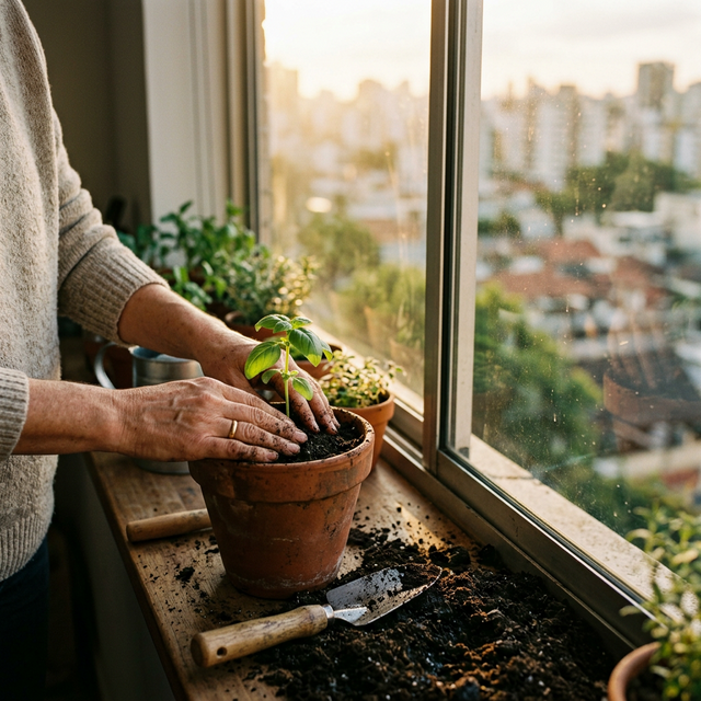 Mãos plantando uma muda em vaso na janela de apartamento urbano ao amanhecer — jardinagem urbana como terapia