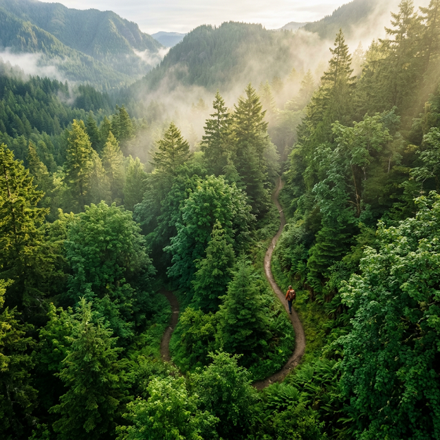 Caminhante solitário em trilha por floresta densa com luz solar filtrando pelas árvores — poder curativo da natureza